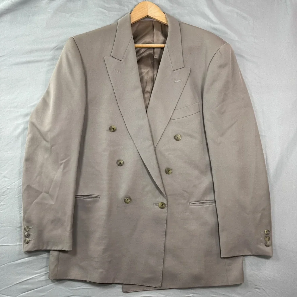 VTG Jaeger Mens Double Breasted Pure New Wool Blazer Taupe Tan Old Money Luxury